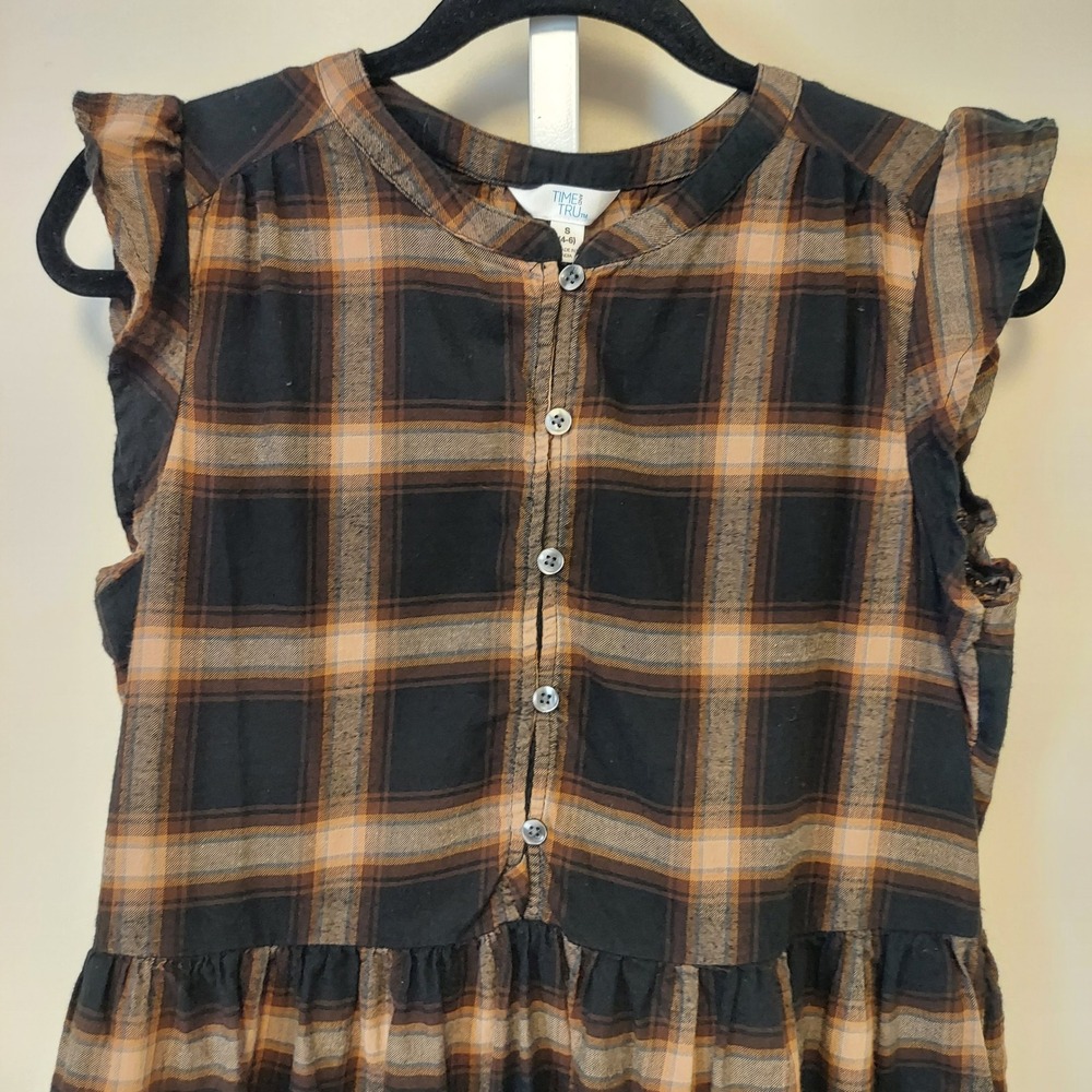 Time Tru Plaid Brown Plaid Dress Flutter Sleeve Babydoll Cottage Evermore Grunge - Picture 2 of 8